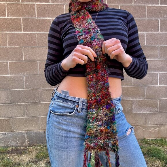 Recycled Silk Colorful Hand-Knit Furry Long Scarf - Picture 7 of 8